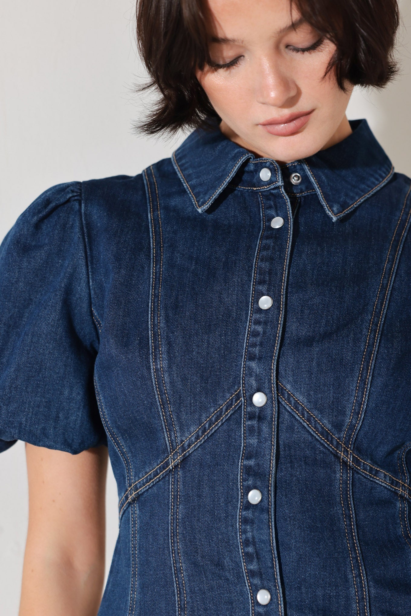 Cool Femme Denim Puff Sleeve Top With Collar And Button Down Flying Tomato