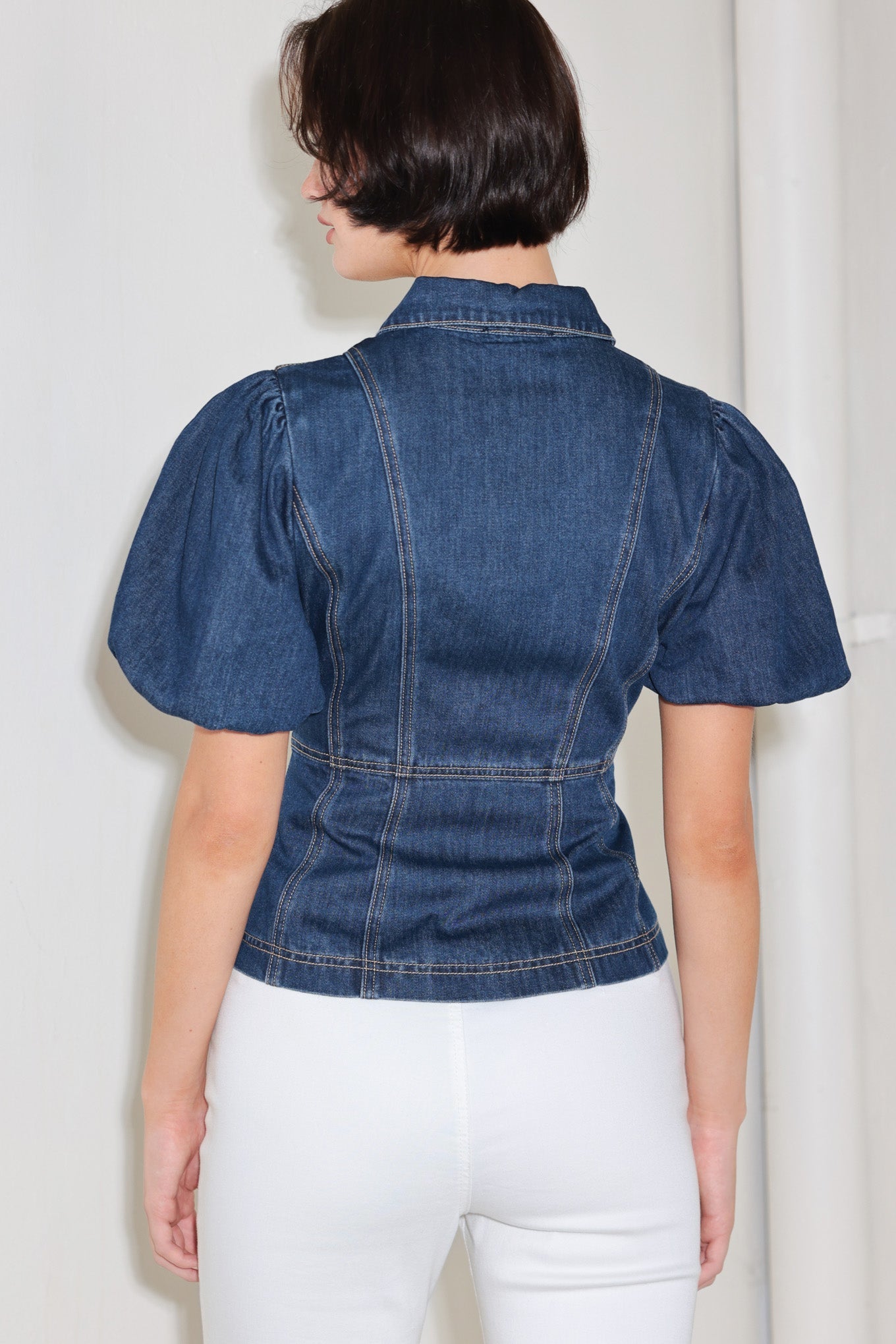 Cool Femme Denim Puff Sleeve Top With Collar And Button Down Flying Tomato