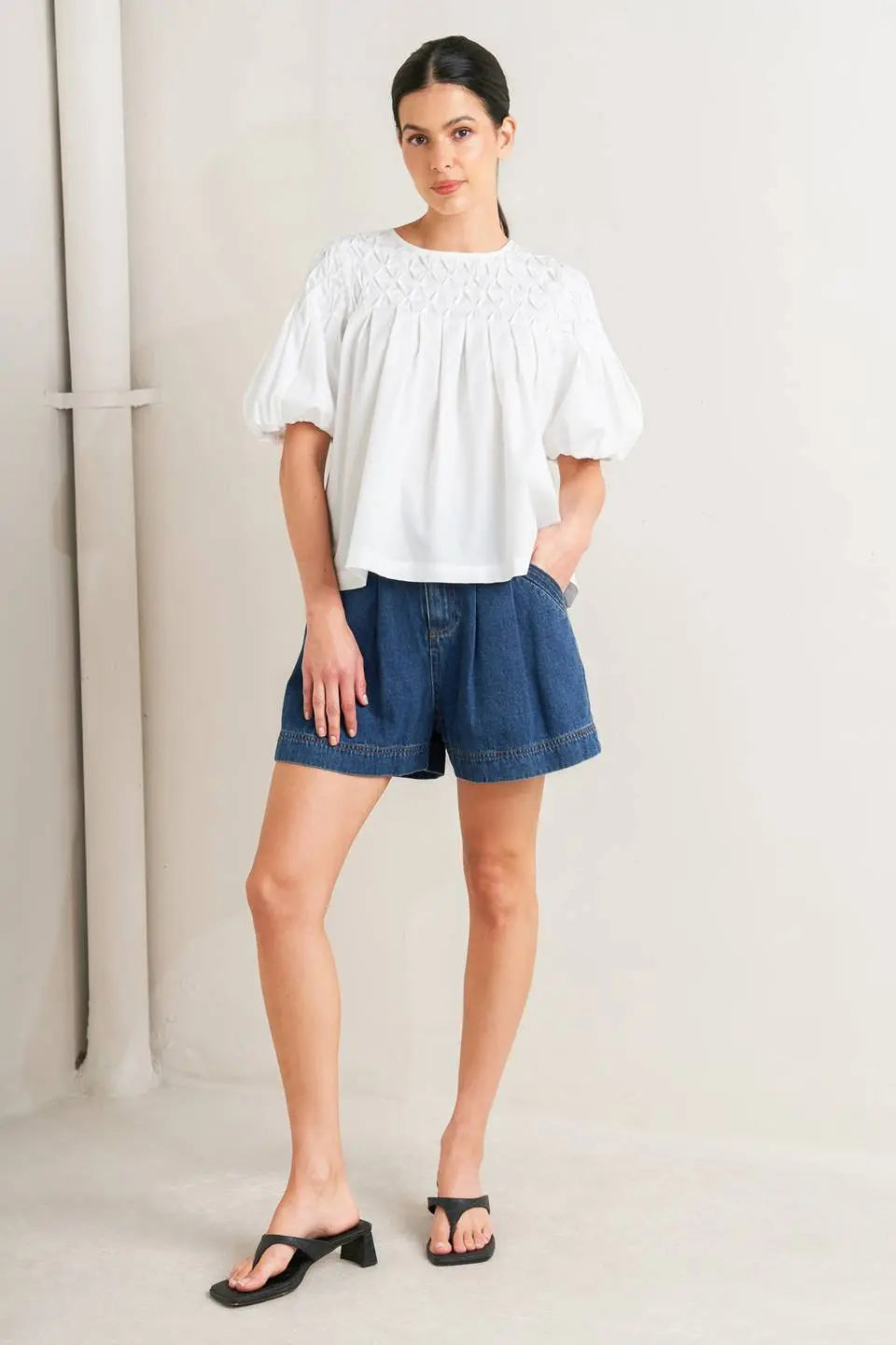 WHITE DREAM PUFF WOVEN TOP Flying Tomato