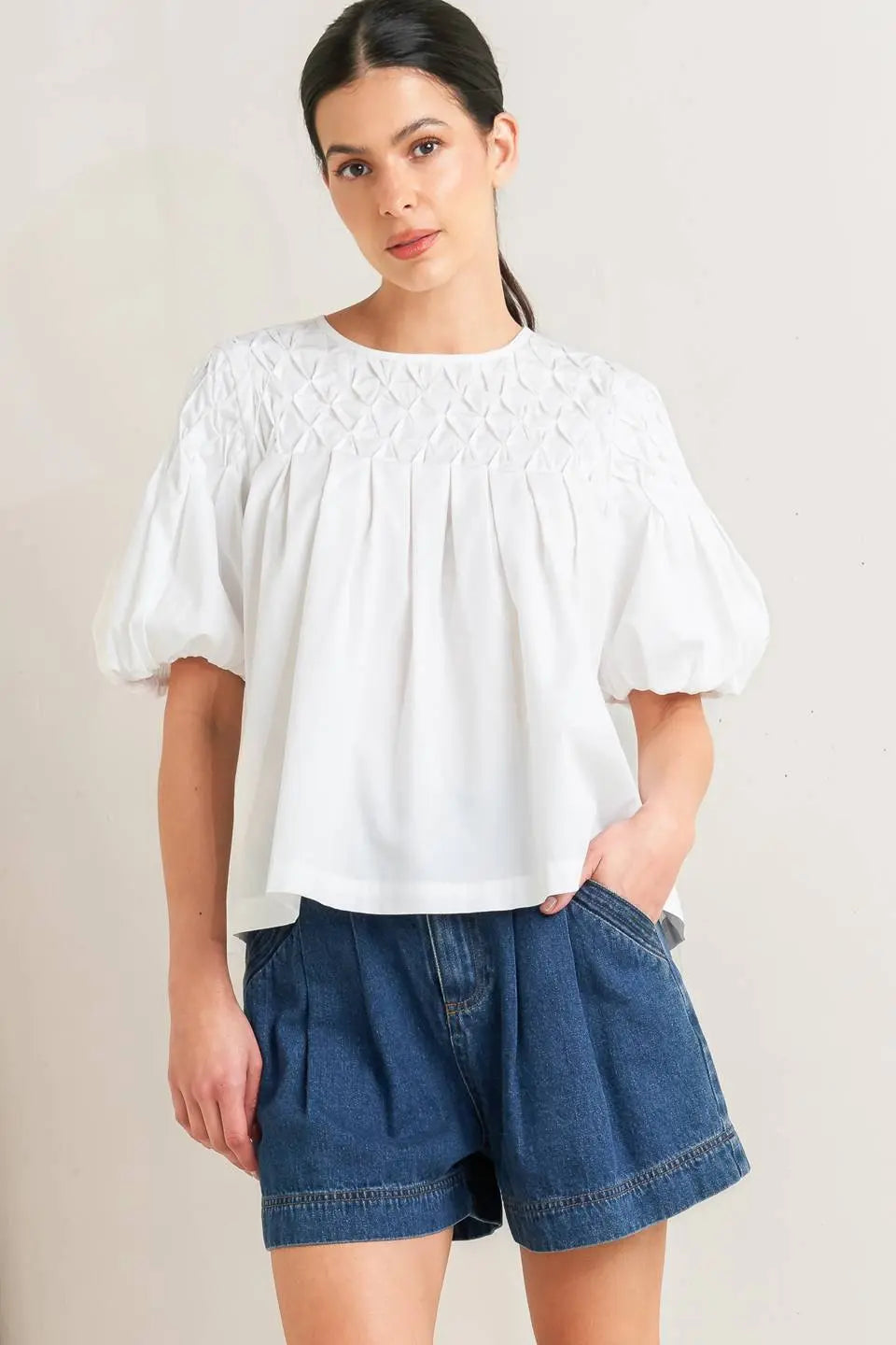 WHITE DREAM PUFF WOVEN TOP Flying Tomato