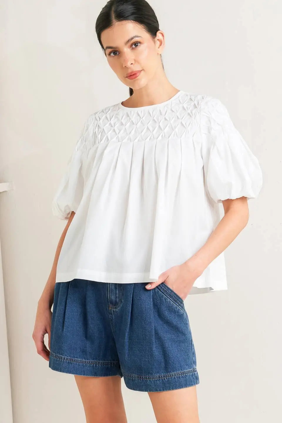 WHITE DREAM PUFF WOVEN TOP Flying Tomato