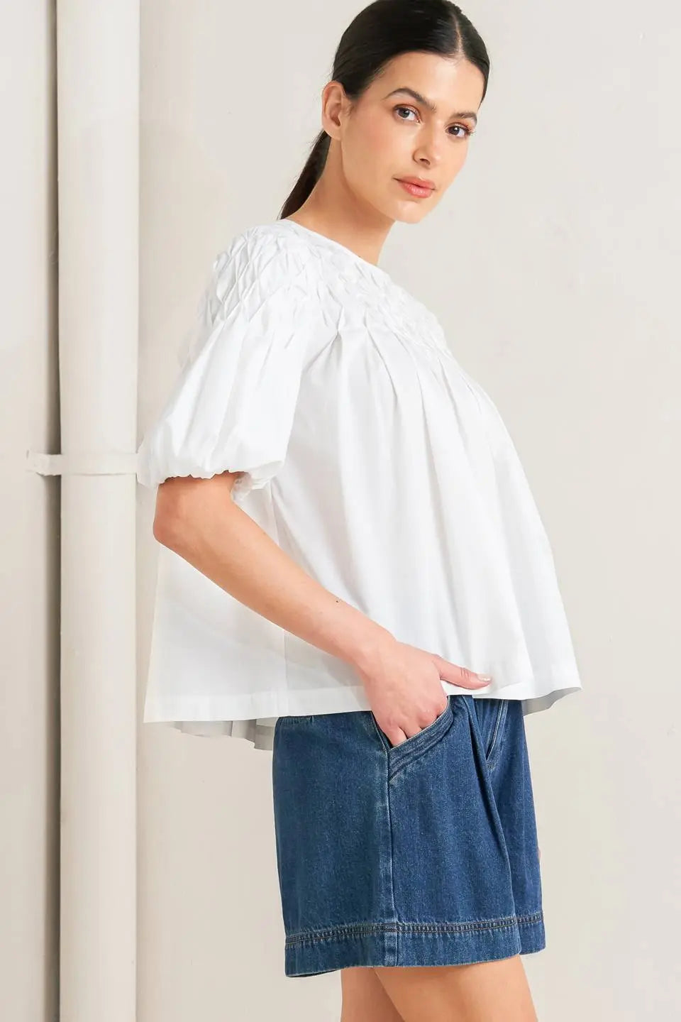 WHITE DREAM PUFF WOVEN TOP Flying Tomato