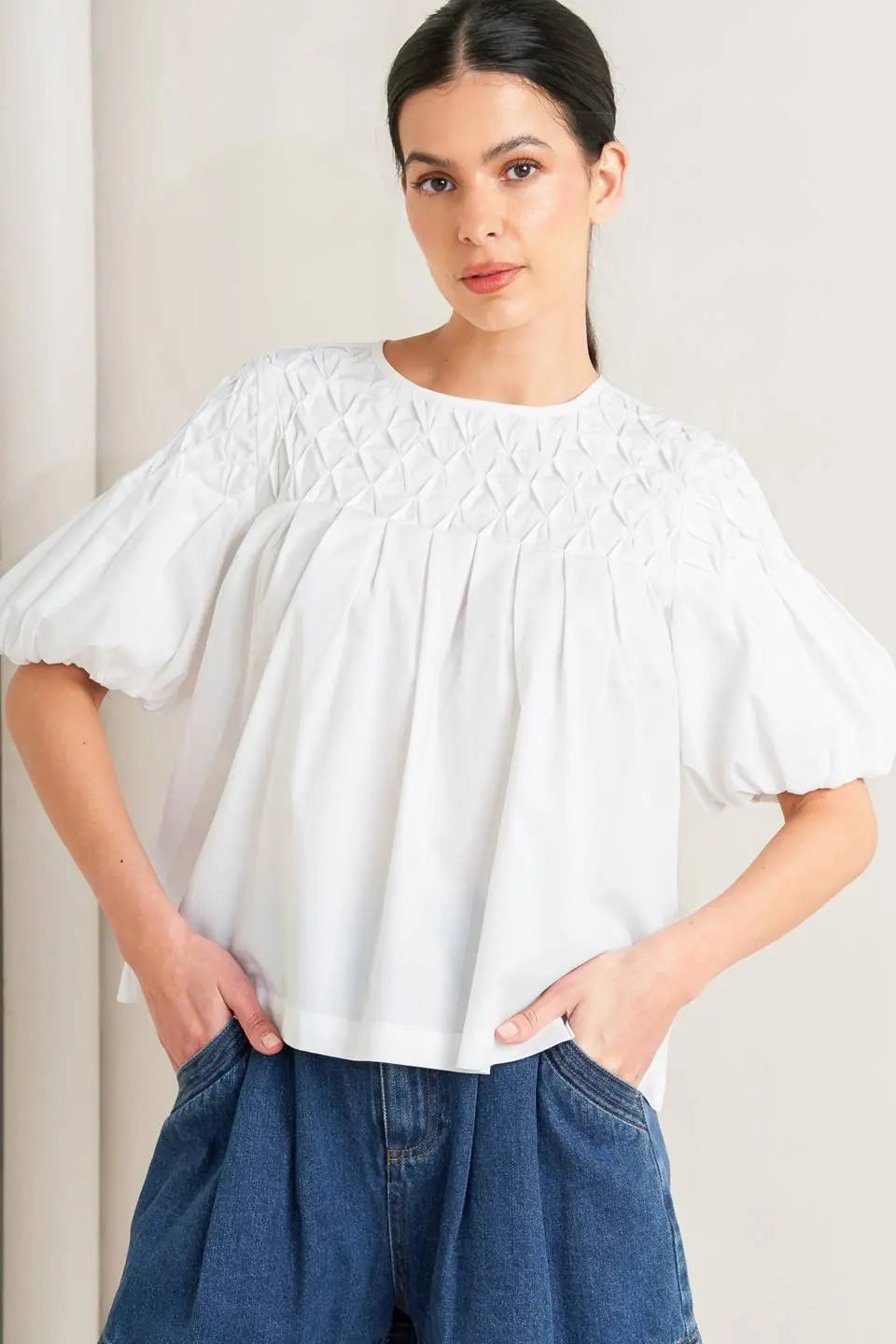 WHITE DREAM PUFF WOVEN TOP Flying Tomato