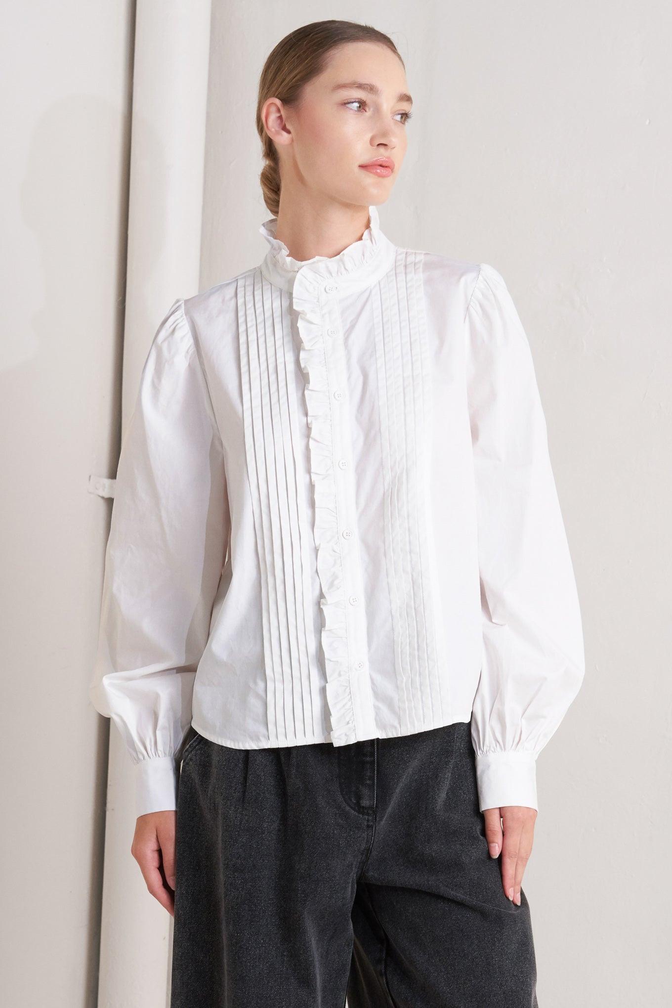 Model wearing the Flying Tomato Milk Cloud Woven Top, illustrating its flattering fit and flowy silhouette for everyday wear.