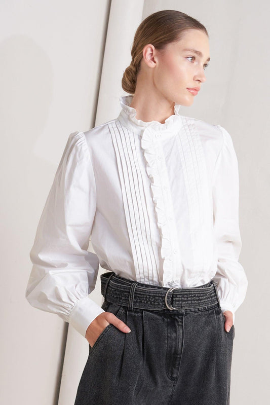 Flying Tomato Milk Cloud Woven Top, a soft off-white women's blouse with a relaxed fit, perfect for versatile styling.