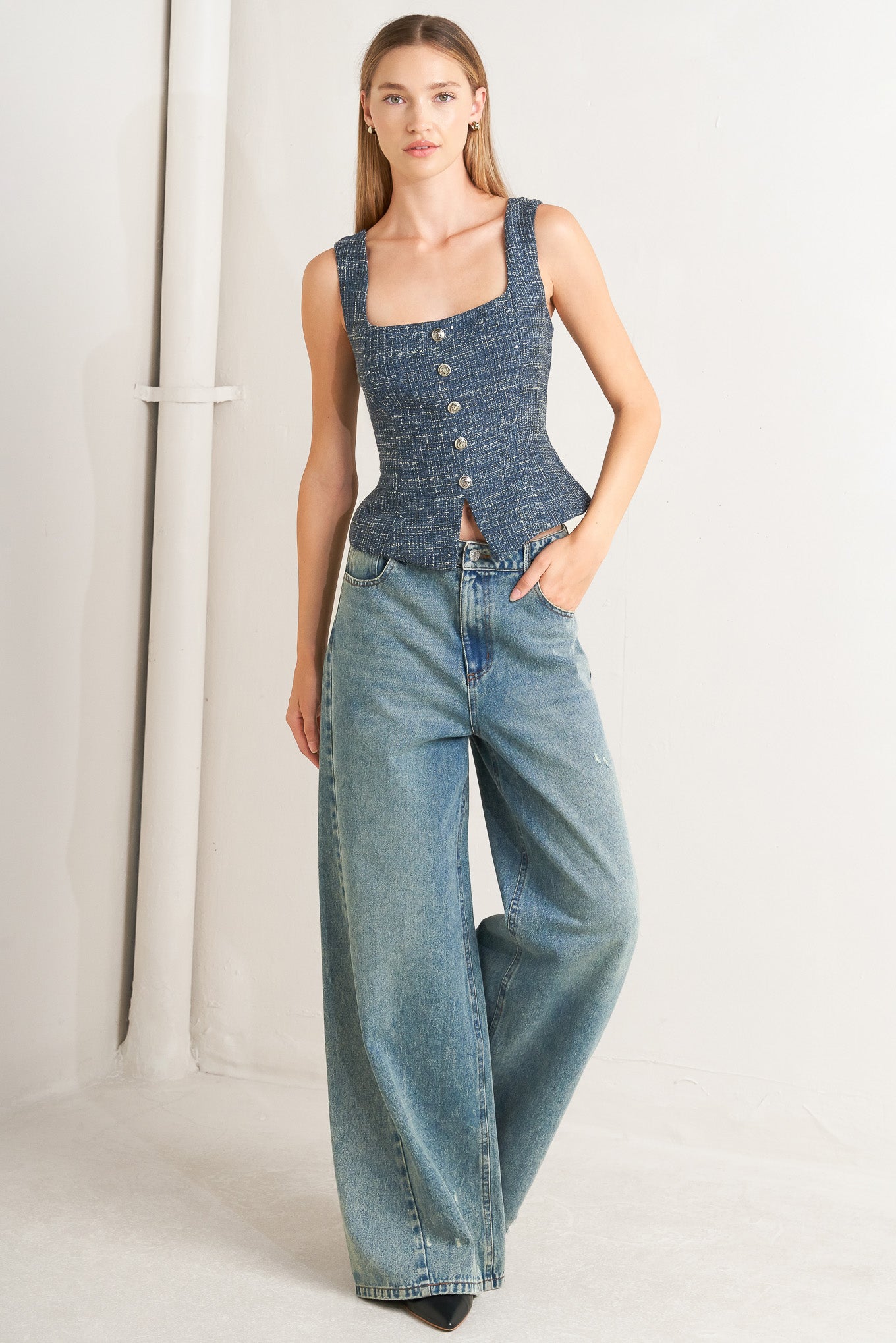 Studio Femme Tweed Top Square Neck Sleeveless Button Down Flying Tomato