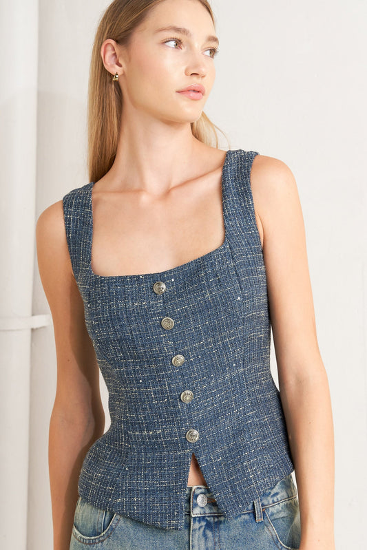 Studio Femme Tweed Top Square Neck Sleeveless Button Down Flying Tomato
