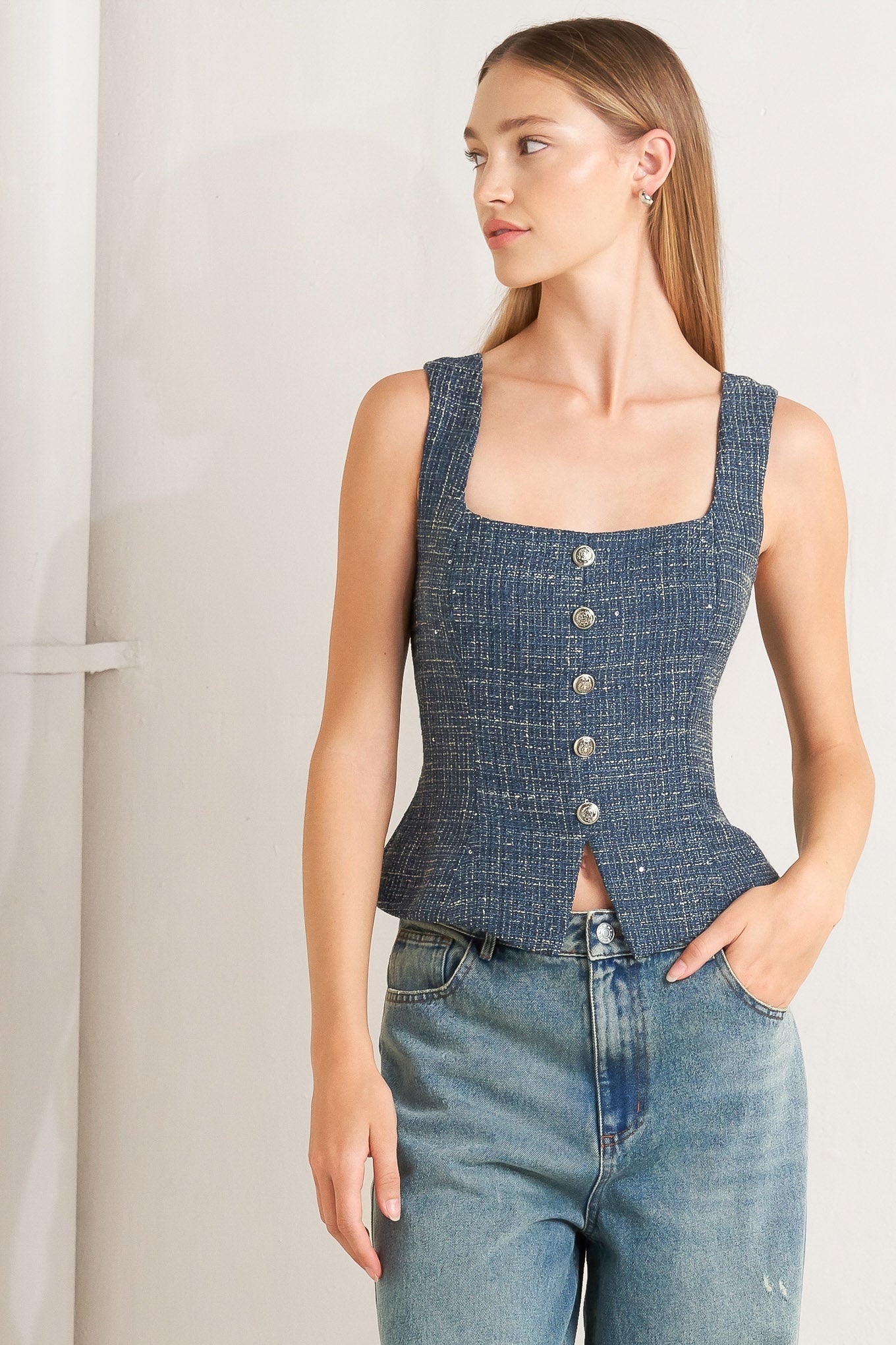 Studio Femme Tweed Top Square Neck Sleeveless Button Down Flying Tomato
