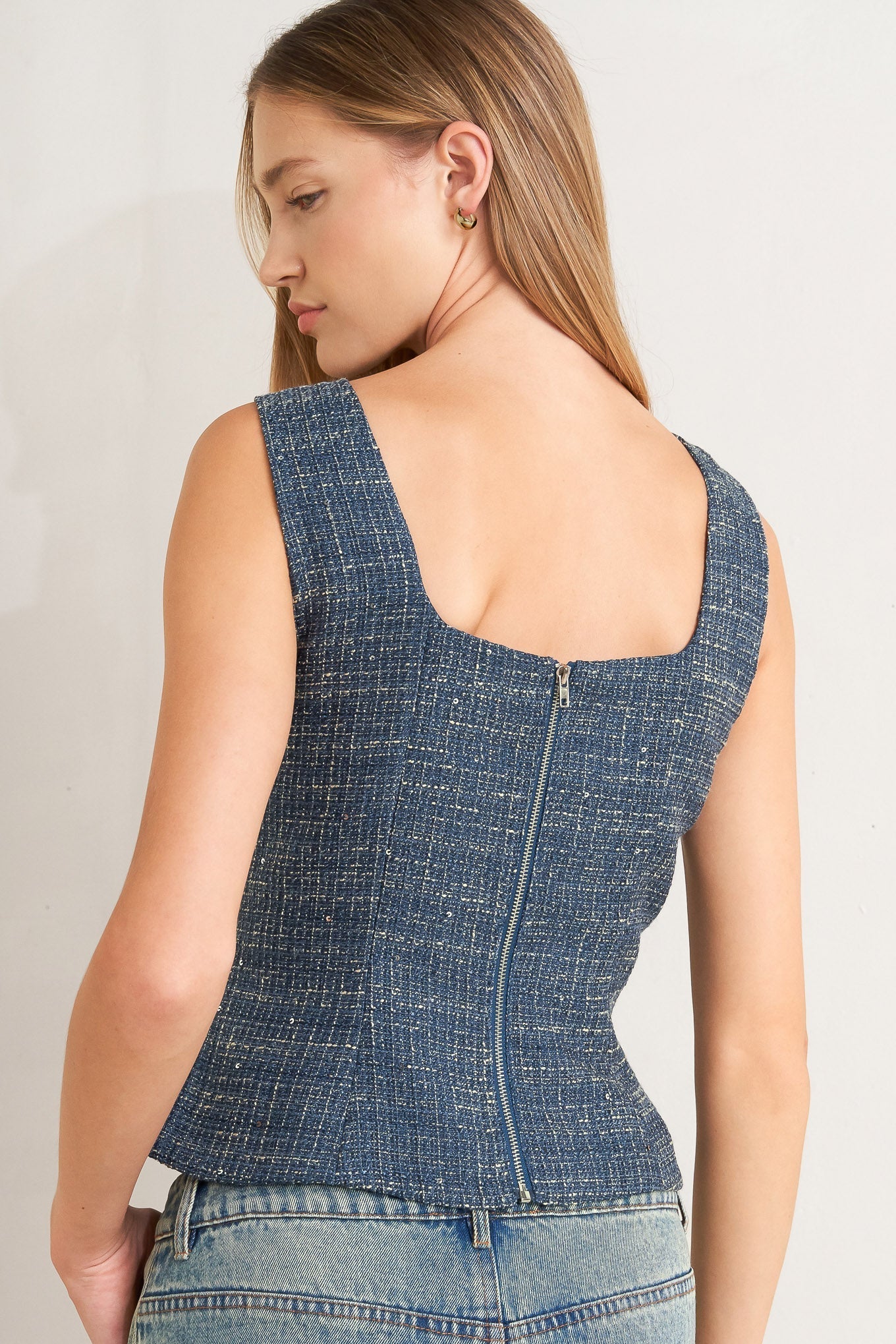 Studio Femme Tweed Top Square Neck Sleeveless Button Down Flying Tomato
