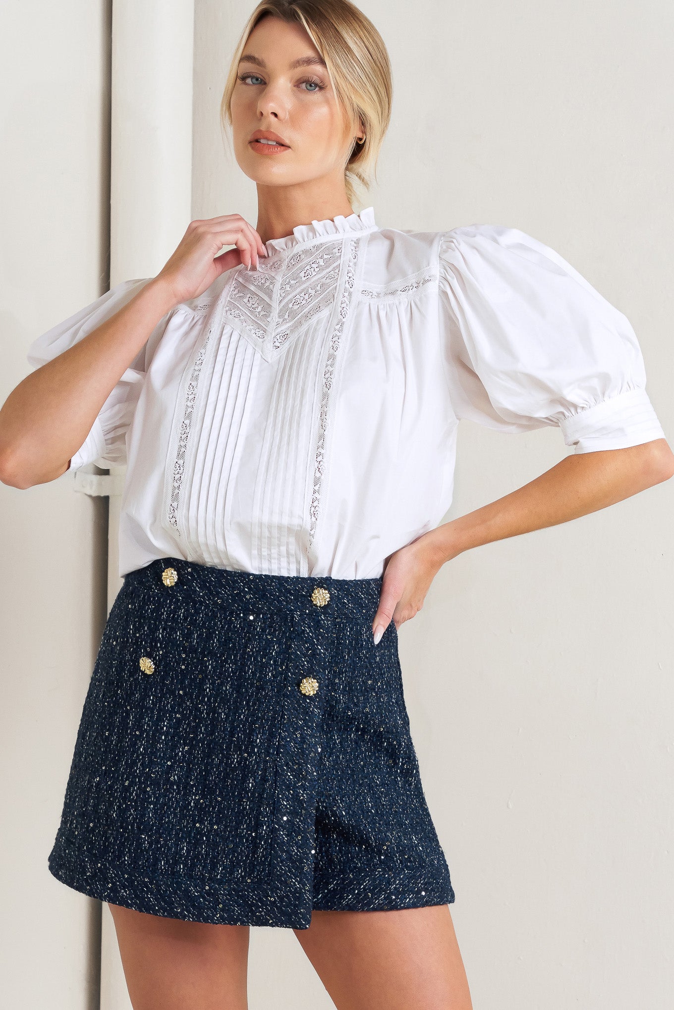 Flying Tomato Pure Poetry Victorian Woven Top, detailed back view, highlighting the delicate lace and button closures.
