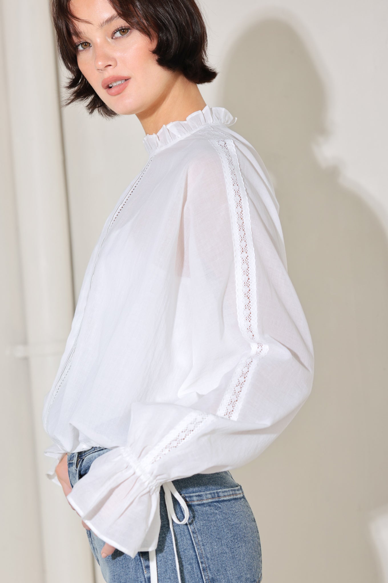 Pure Romance Cotton Woven Top With Ruffled High Neck And Lace Inset Detail Flying Tomato
