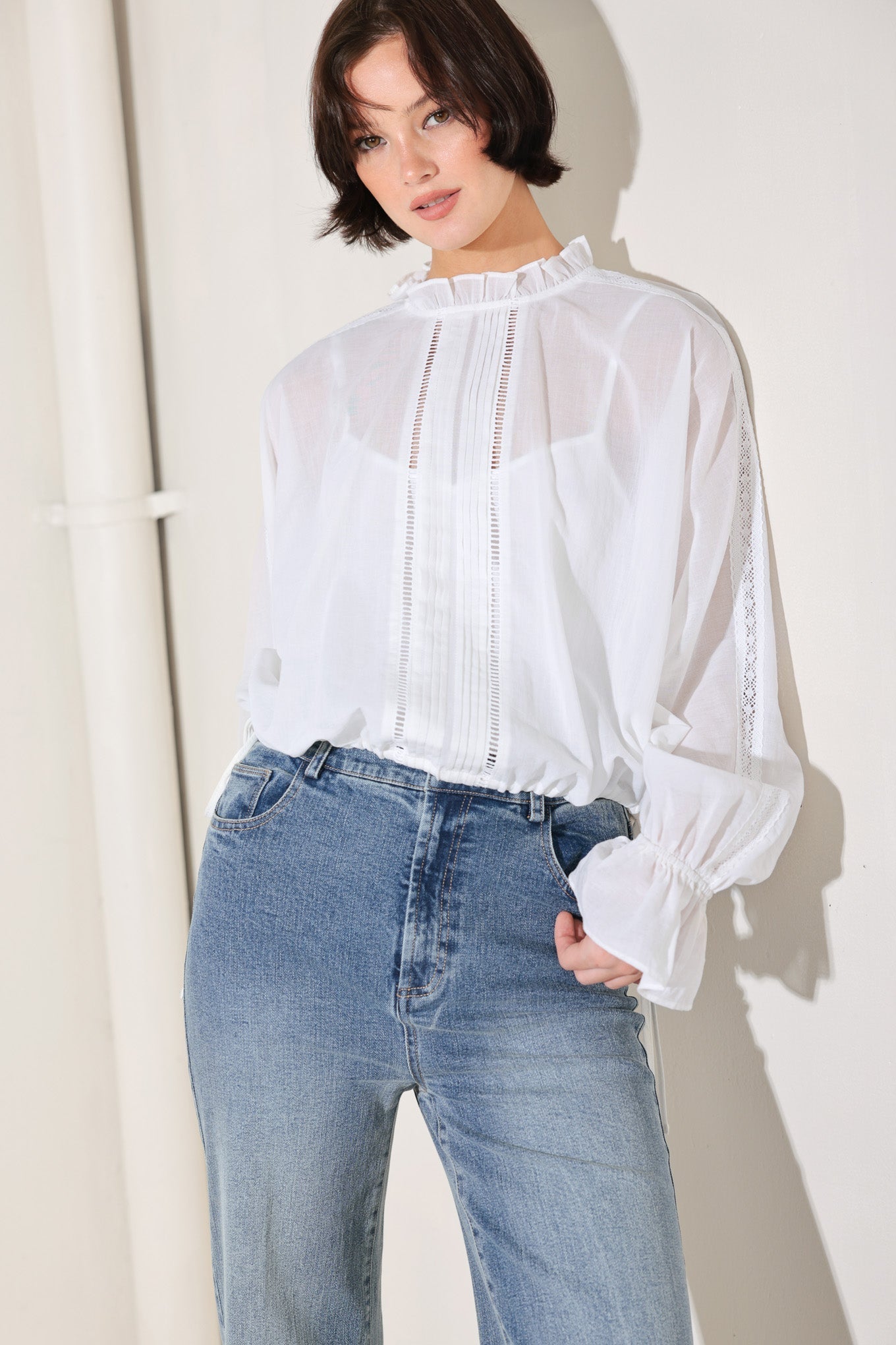 Pure Romance Cotton Woven Top With Ruffled High Neck And Lace Inset Detail Flying Tomato