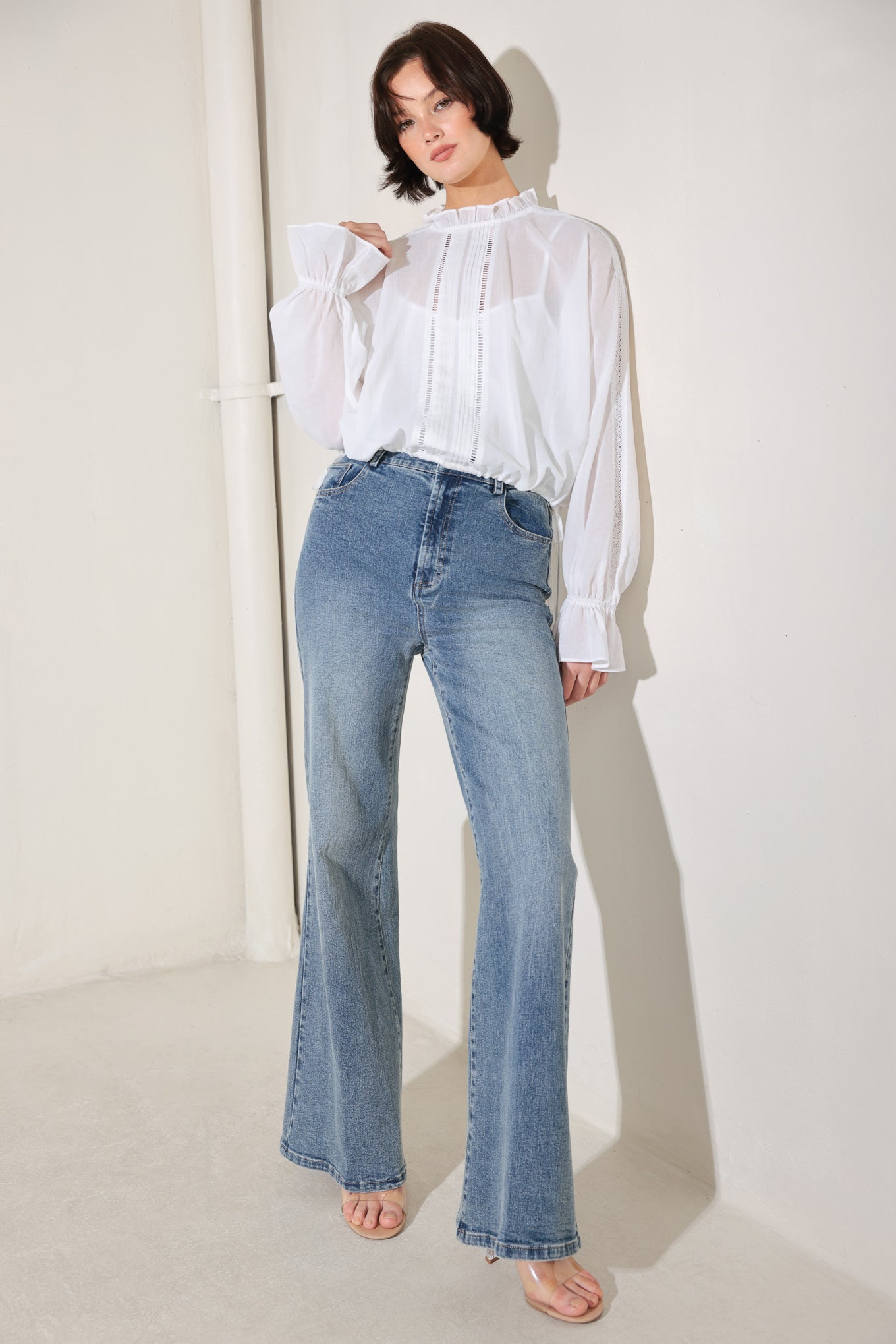 Pure Romance Cotton Woven Top With Ruffled High Neck And Lace Inset Detail Flying Tomato