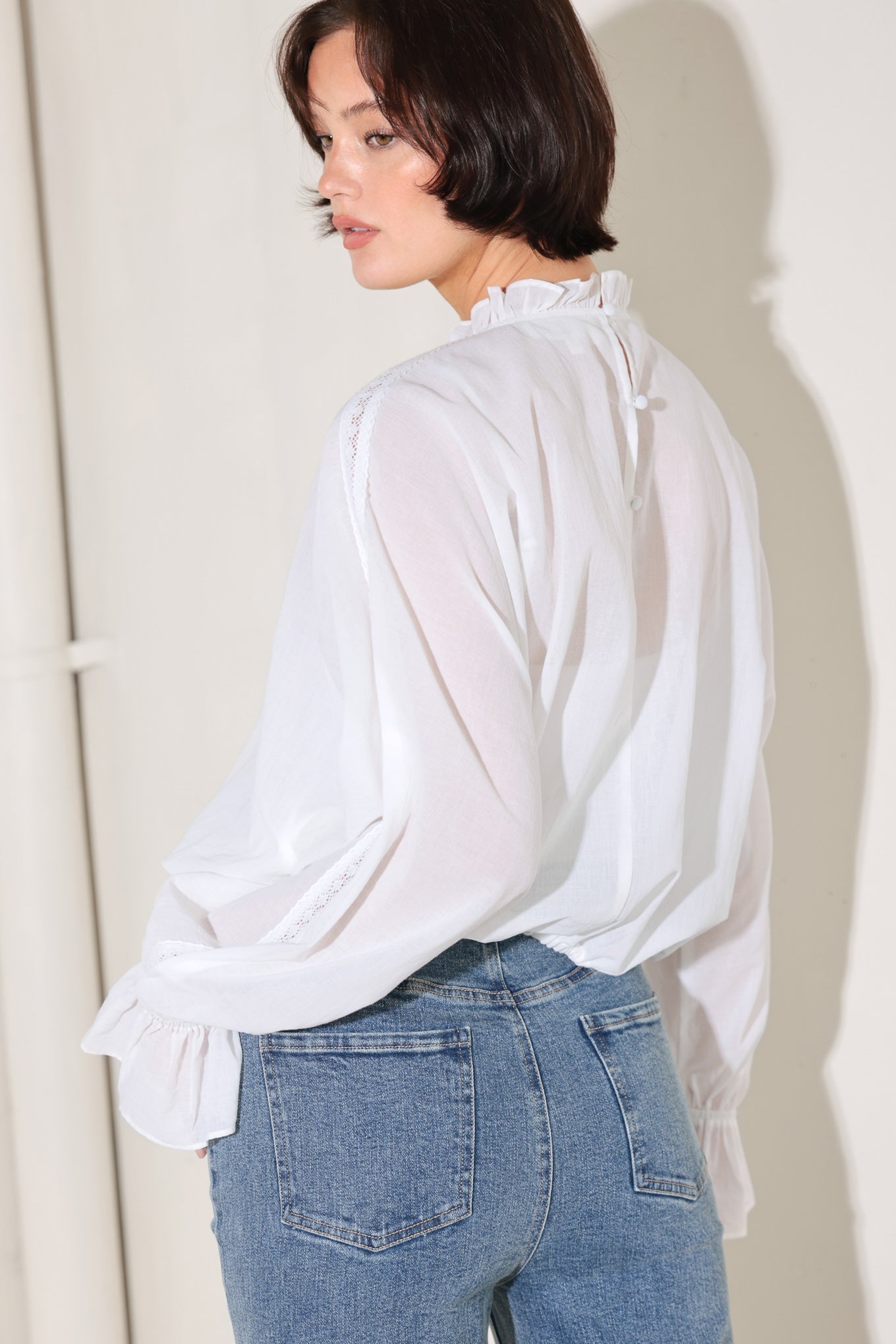 Pure Romance Cotton Woven Top With Ruffled High Neck And Lace Inset Detail Flying Tomato