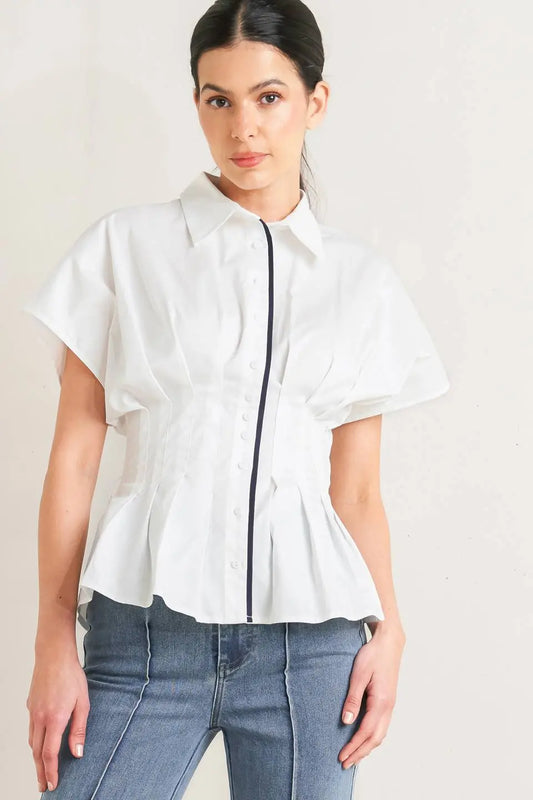 Quiet Force Woven Top With Collar Front Button Down Corset Waist Self Tie Flying Tomato