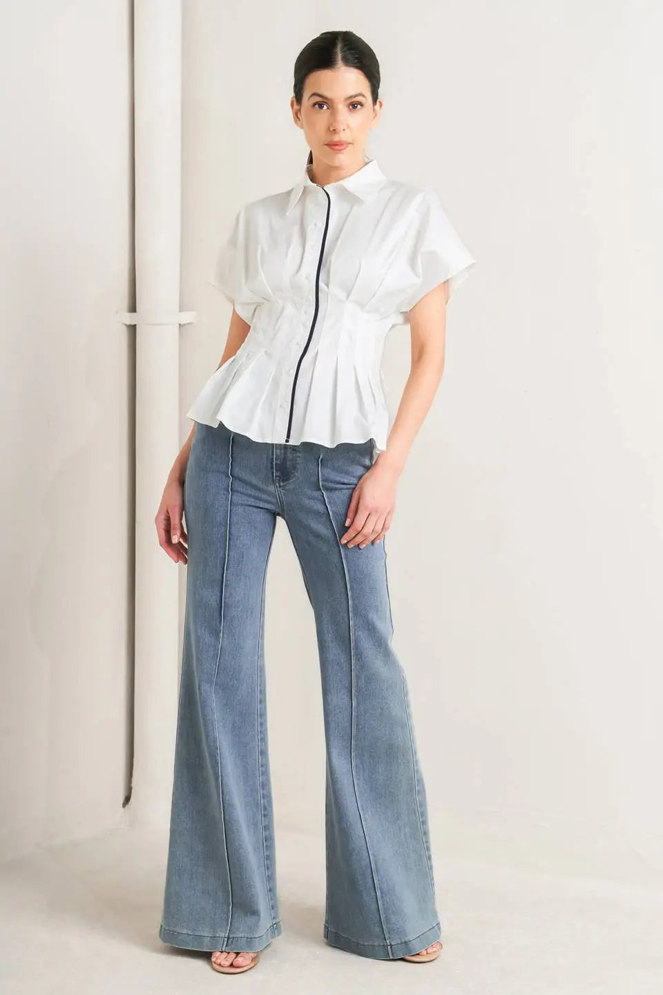 Quiet Force Woven Top With Collar Front Button Down Corset Waist Self Tie Flying Tomato