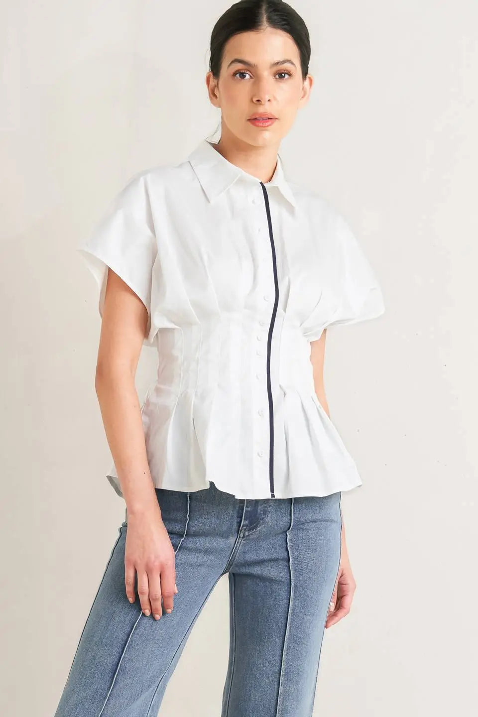 Quiet Force Woven Top With Collar Front Button Down Corset Waist Self Tie Flying Tomato
