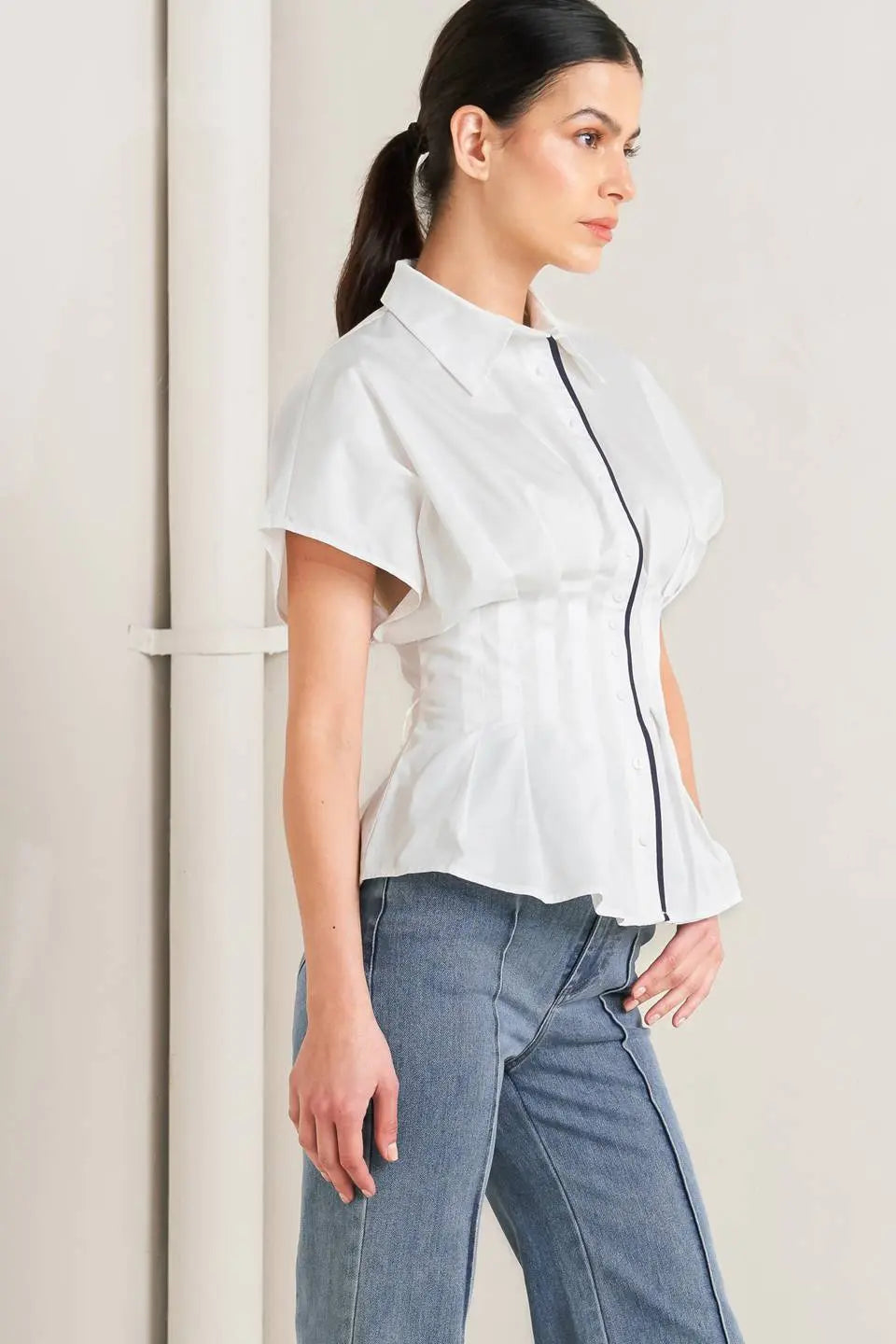 Quiet Force Woven Top With Collar Front Button Down Corset Waist Self Tie Flying Tomato