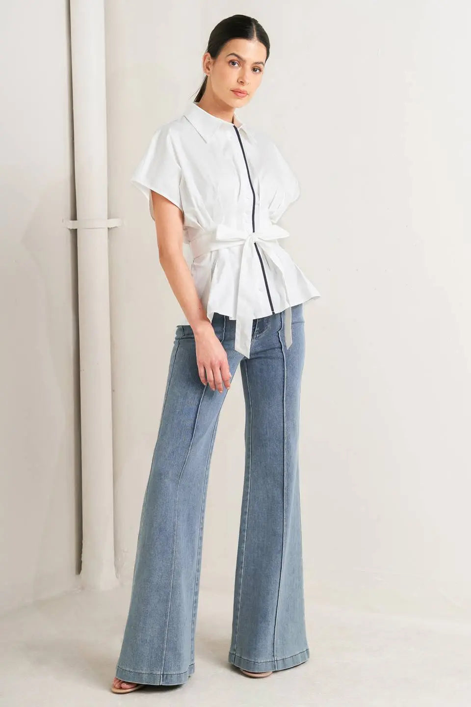 Quiet Force Woven Top With Collar Front Button Down Corset Waist Self Tie Flying Tomato