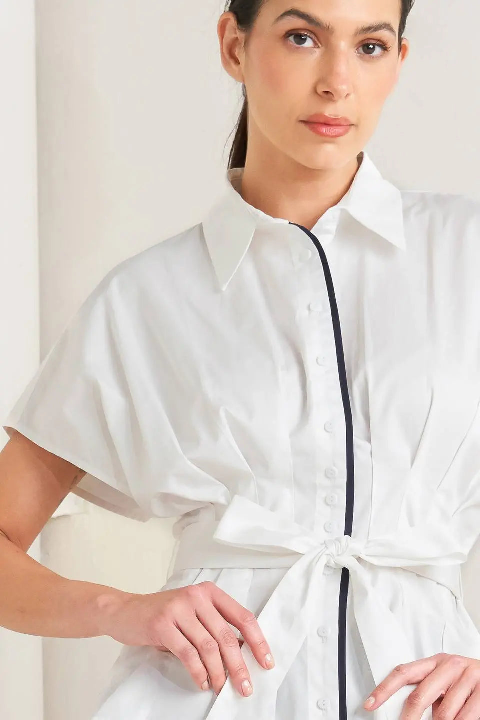 Quiet Force Woven Top With Collar Front Button Down Corset Waist Self Tie Flying Tomato