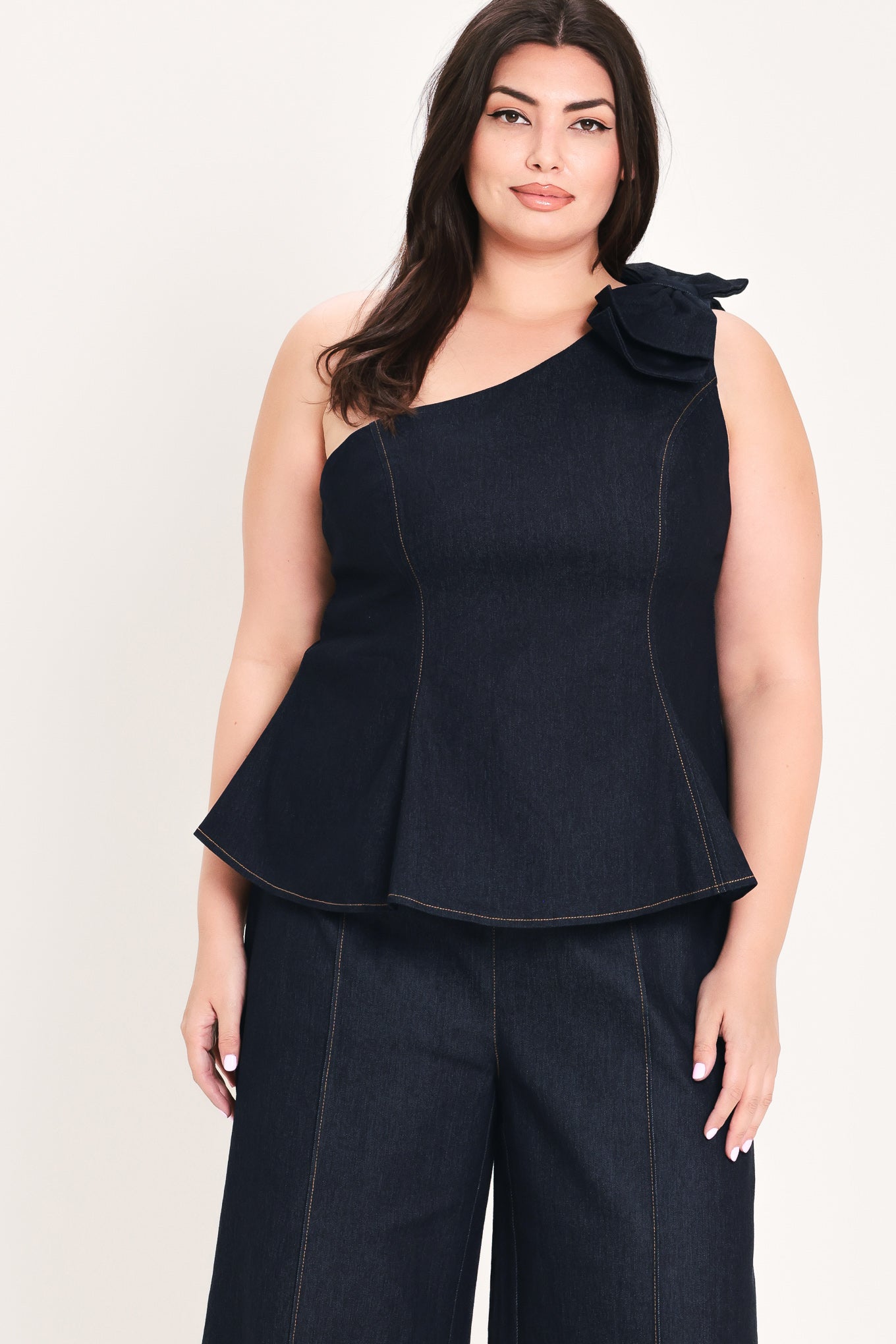 Indigo Bow One Shoulder Denim Top With Peplum Back Zipper