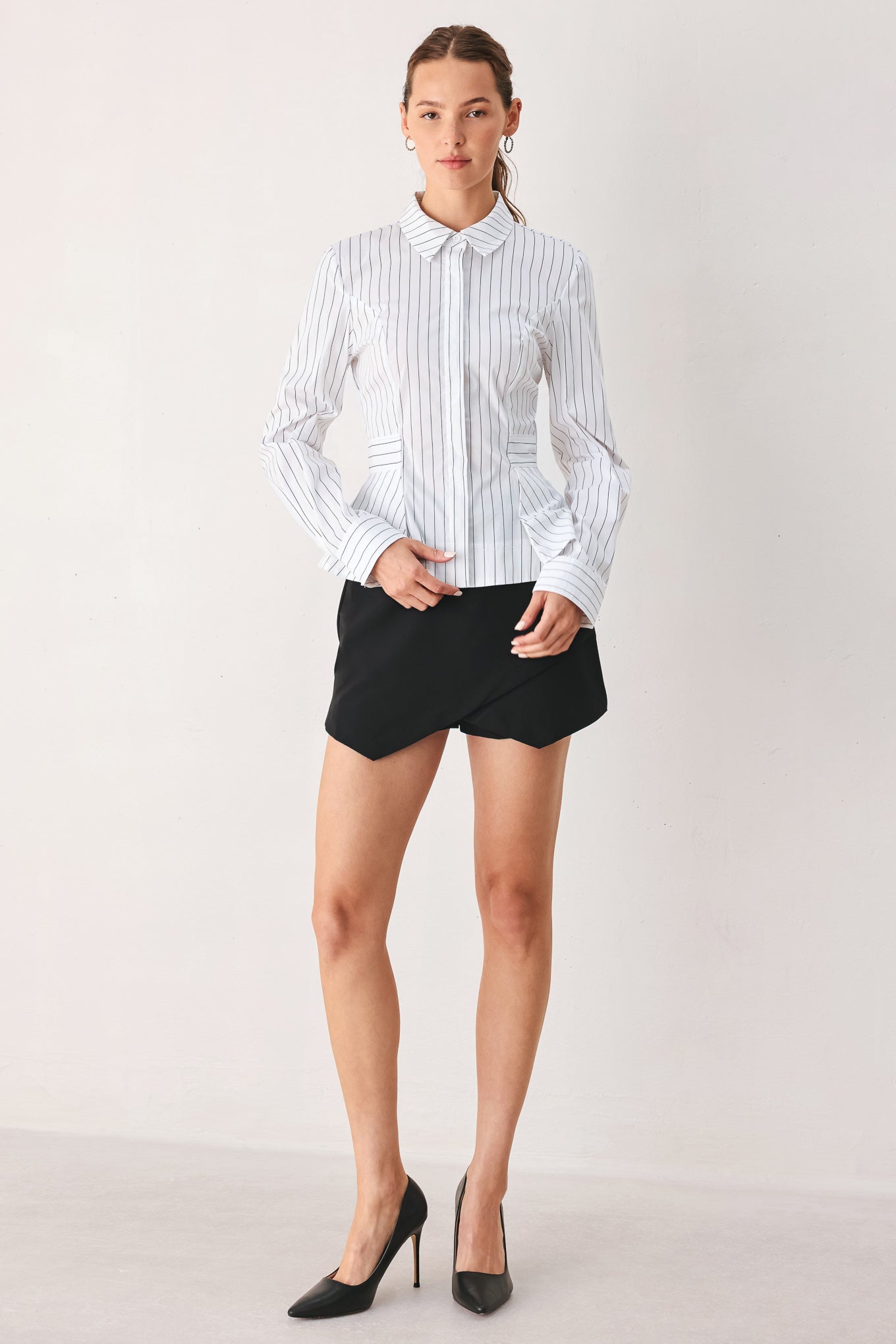 MODERNIST PINSTRIPE FLARED-WAIST WOVEN TOP