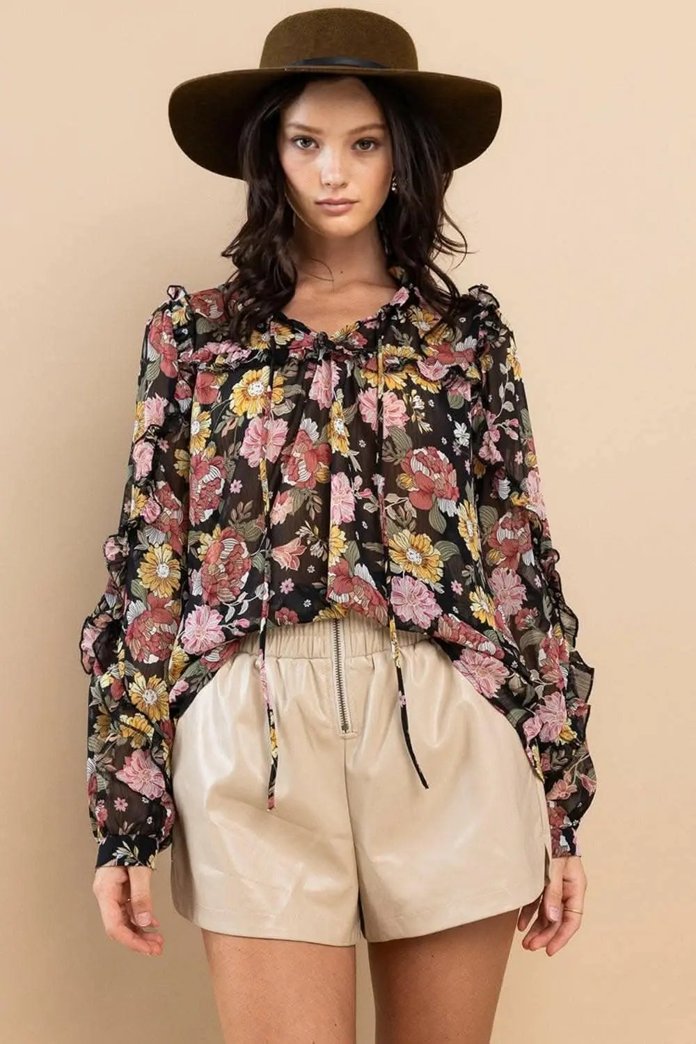 Feminine Elegance Long Sleeve Floral Blouse with Ruffle Detail - Love Salve 