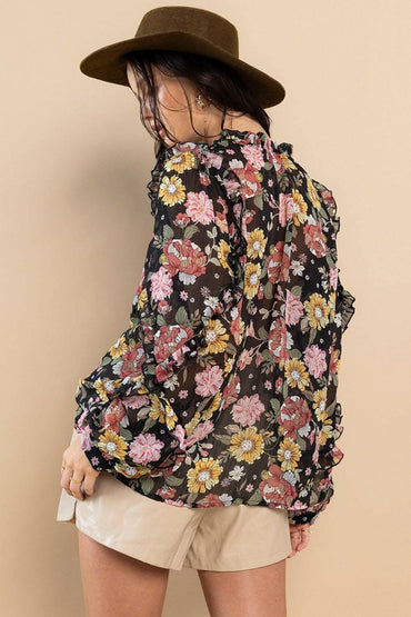 Feminine Elegance Long Sleeve Floral Blouse with Ruffle Detail 