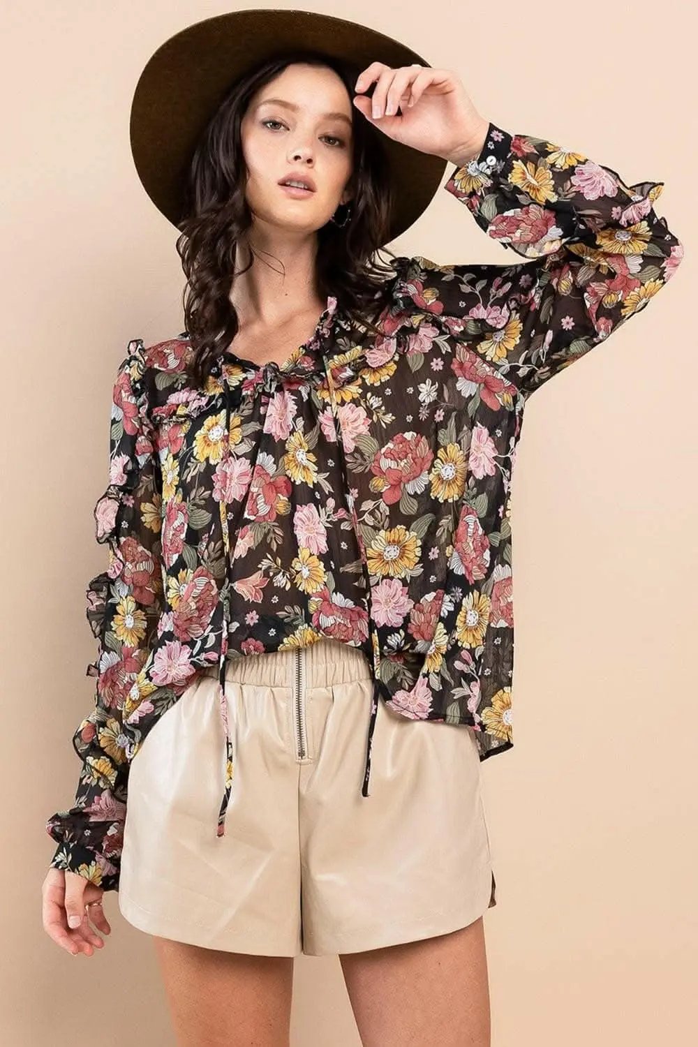 Feminine Elegance Long Sleeve Floral Blouse with Ruffle Detail - Love Salve 