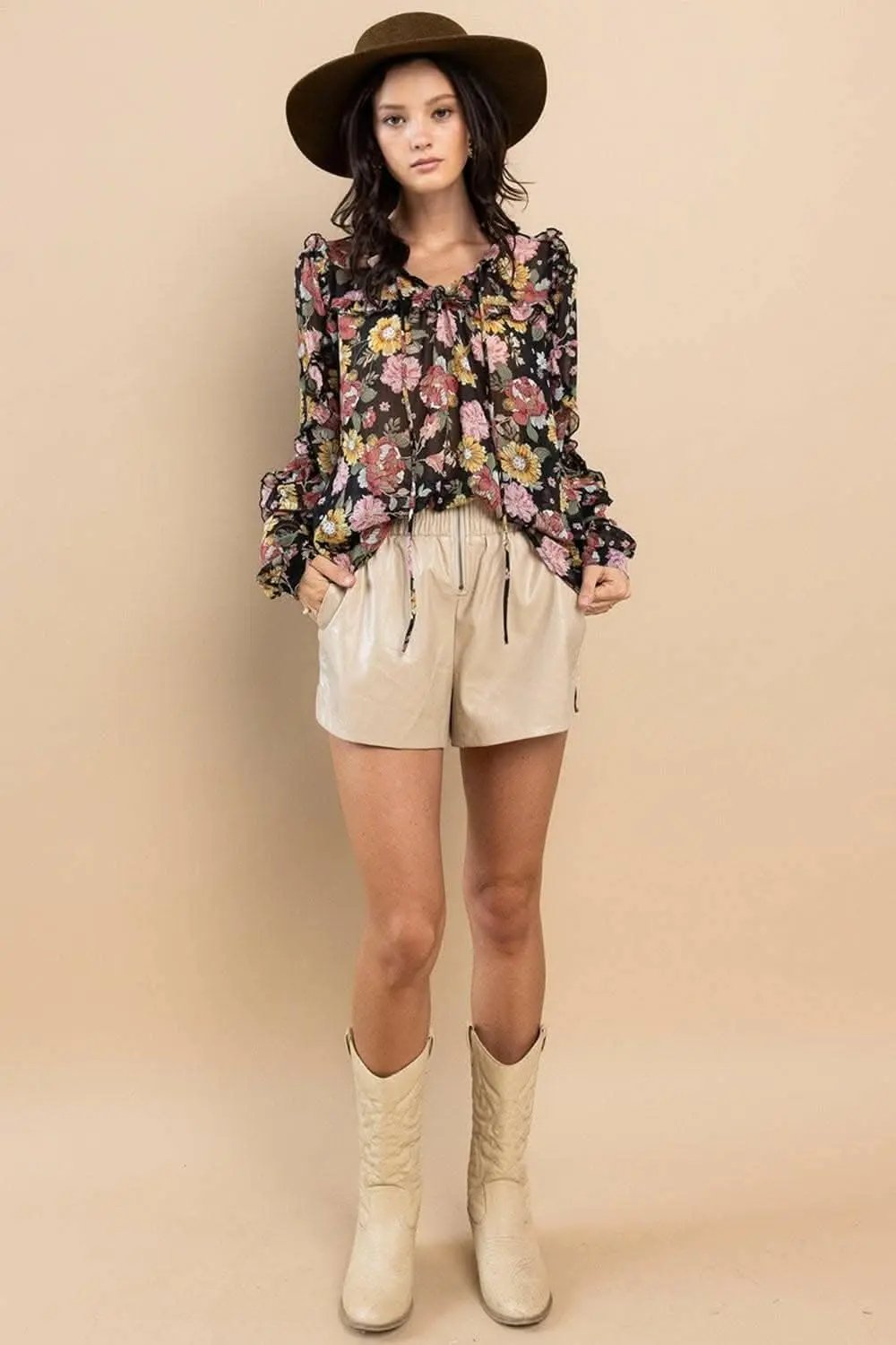 Feminine Elegance Long Sleeve Floral Blouse with Ruffle Detail - Love Salve 