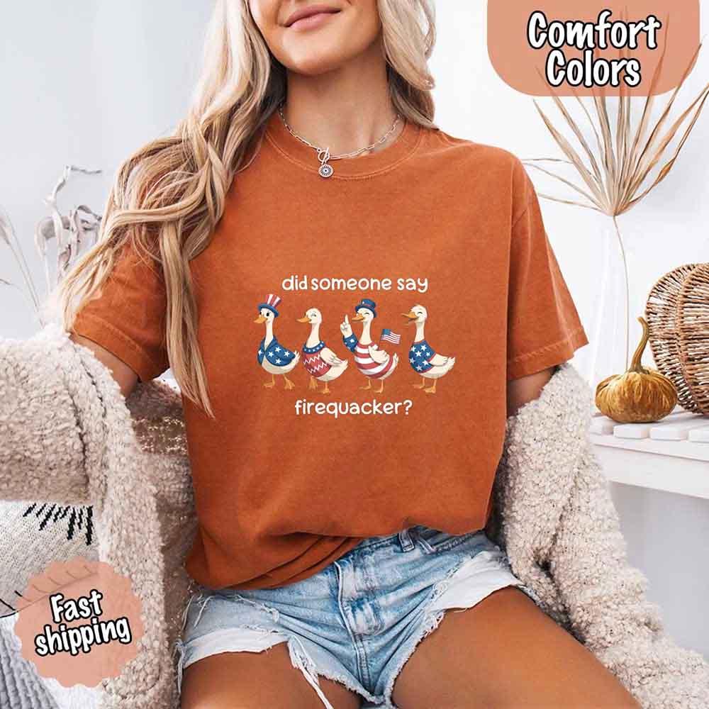 Adorb Custom Tees Firequacker USA Goose on the Loose Comfort Colors Tee, showcasing the humorous goose graphic.