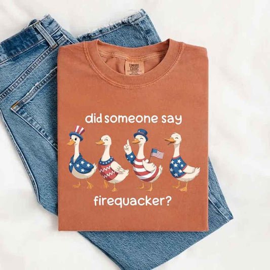 Adorb Custom Tees Firequacker Goose Comfort Colors Tee, a funny vintage 4th of July shirt with a unique design.