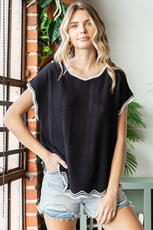 First Love Full Size Contrast Wavy Crochet Drop Shoulder Knit Top - Love Salve 