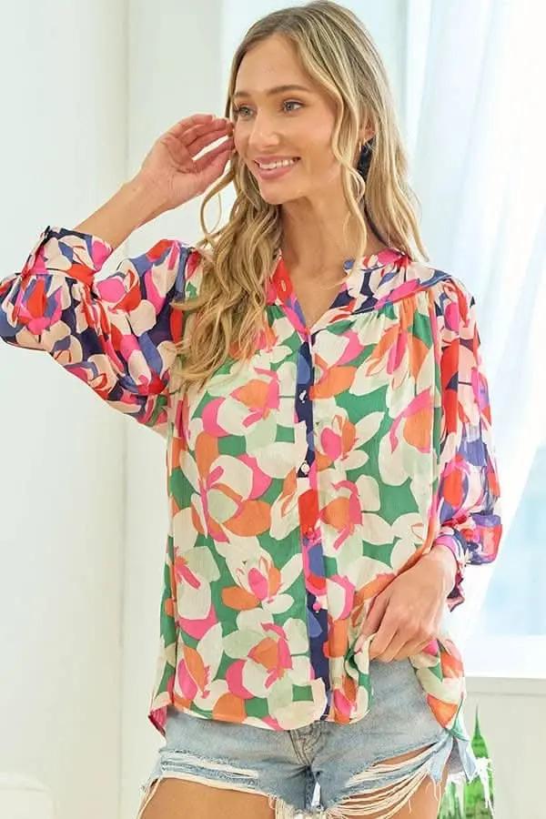 First Love Full Size Floral Button Down Satin Shirt - Love Salve 