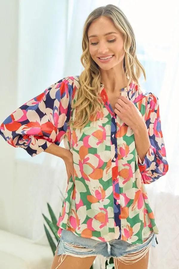 First Love Full Size Floral Button Down Satin Shirt - Love Salve 