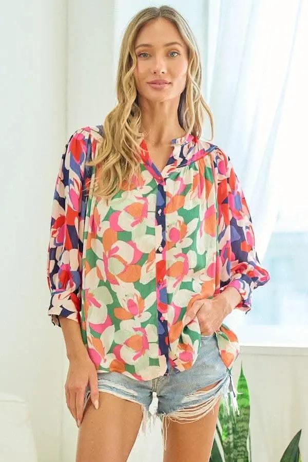 First Love Full Size Floral Button Down Satin Shirt - Love Salve 