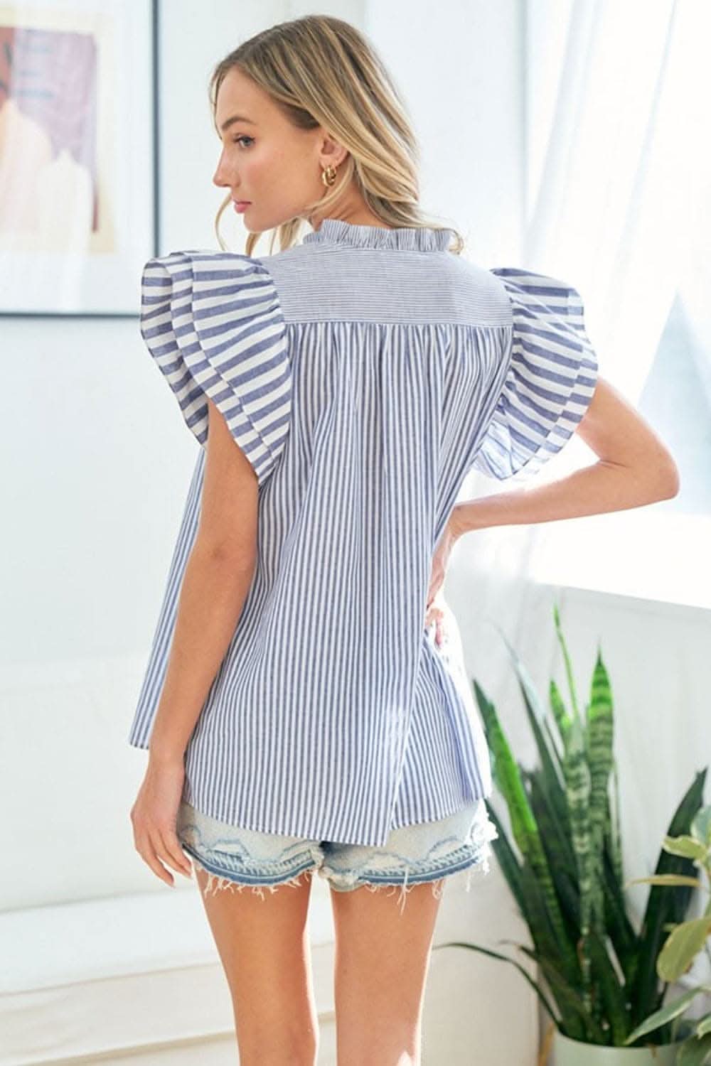 First Love Full Size Striped Flutter Sleeve Blouse 