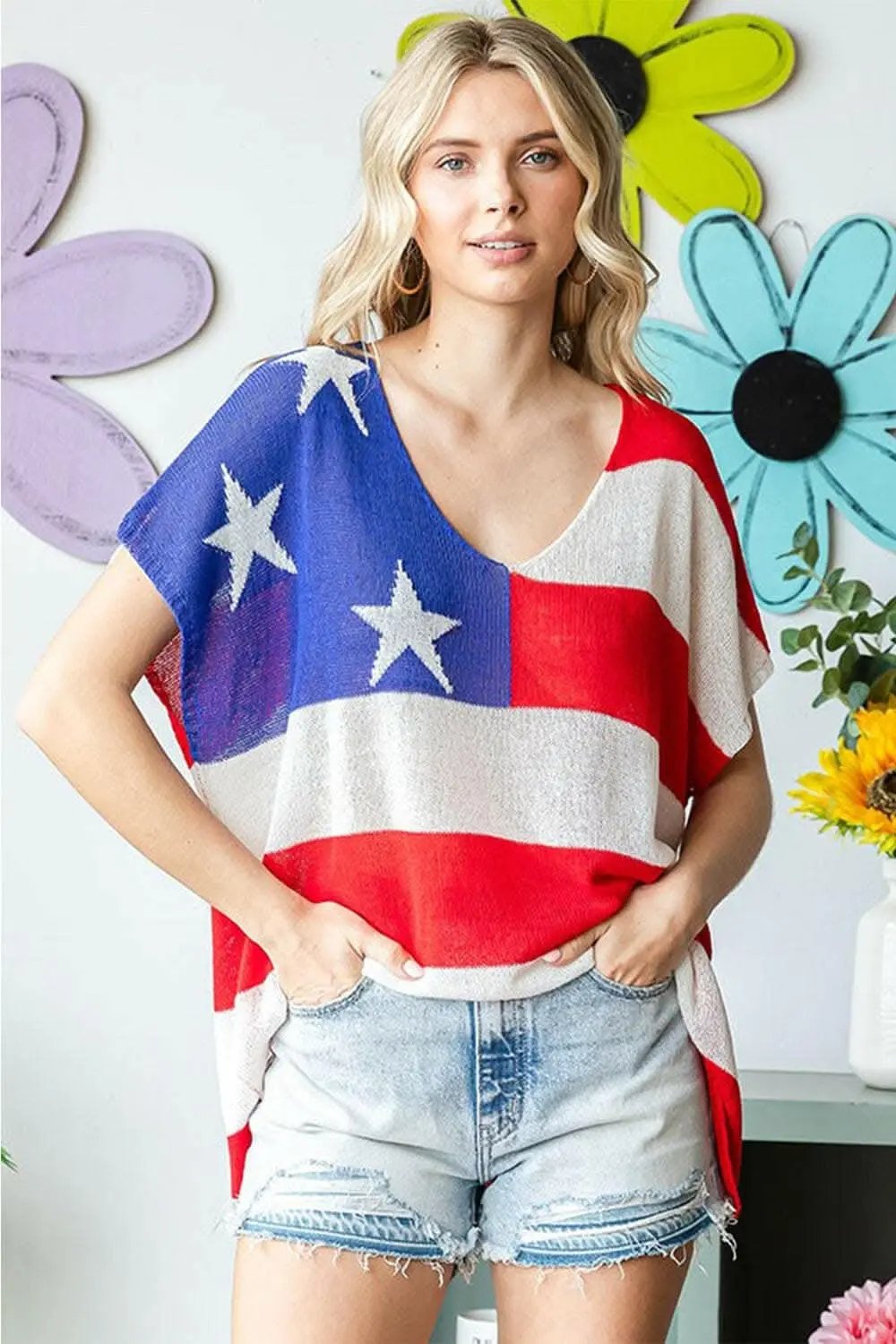 First Love Full Size USA Flag Drop Shoulder Knit Top - Love Salve 