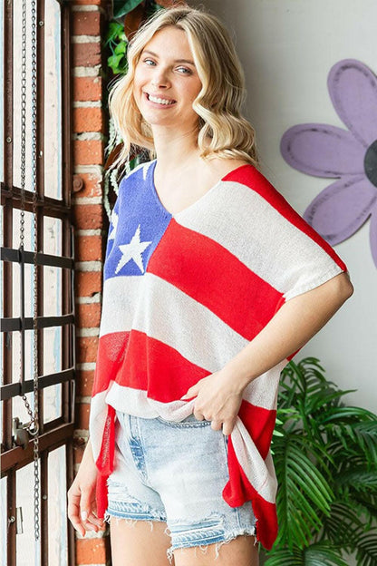 First Love Full Size USA Flag Drop Shoulder Knit Top - Love Salve 