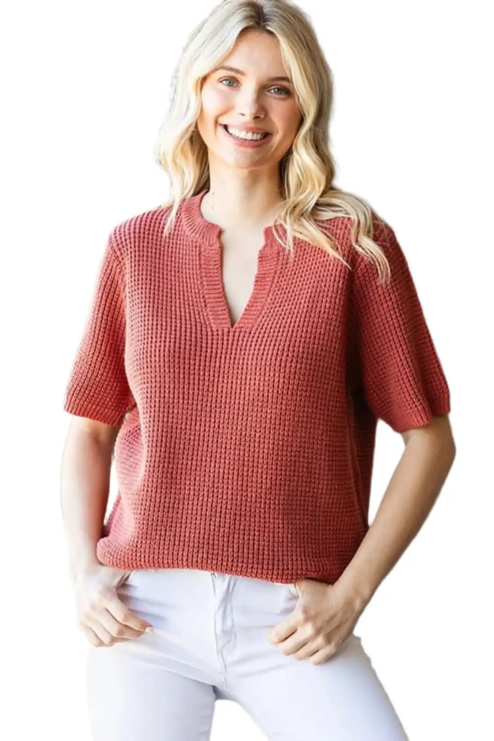 First Love Notched Short Sleeve Knit Top - Love Salve 