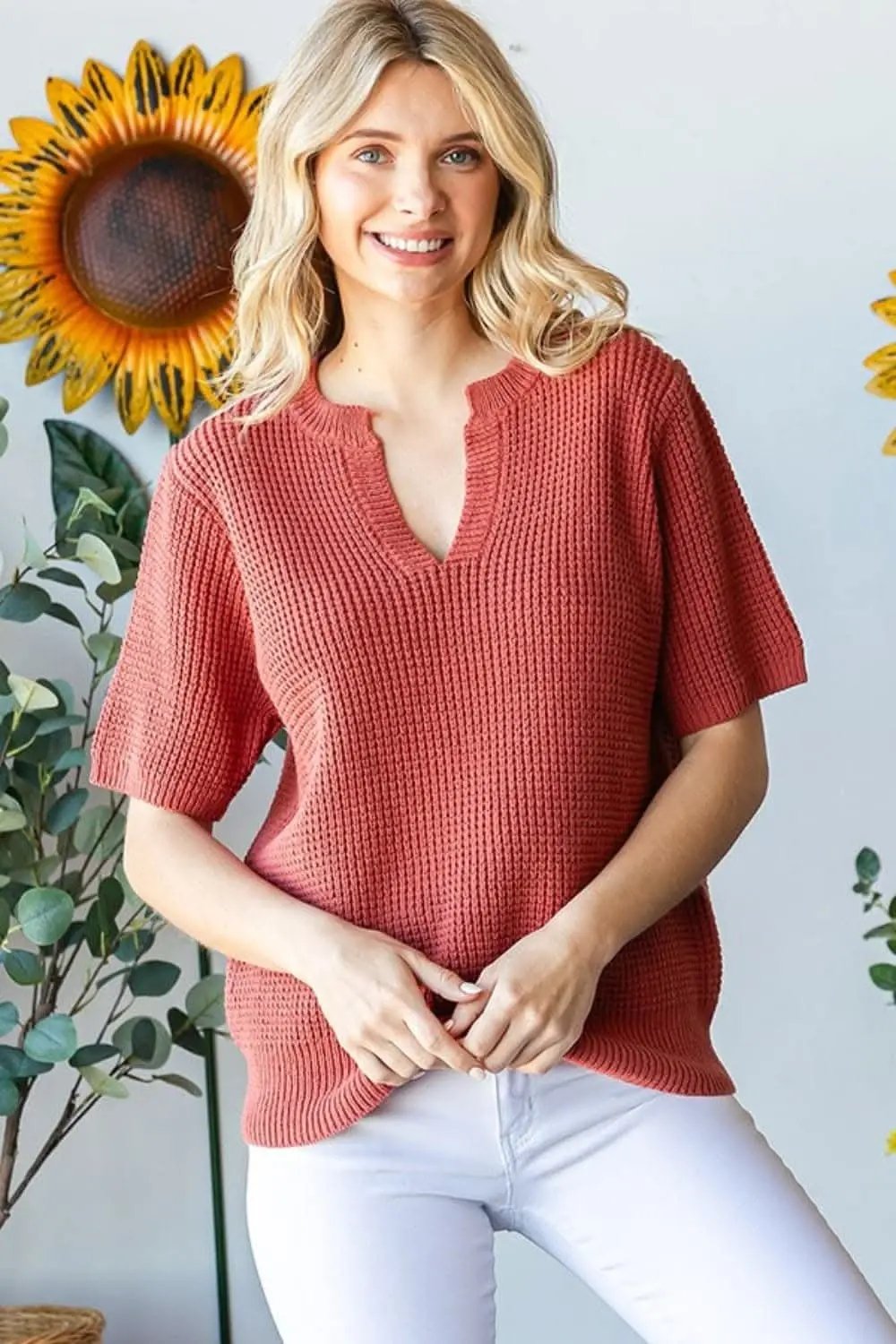 First Love Notched Short Sleeve Knit Top - Love Salve 