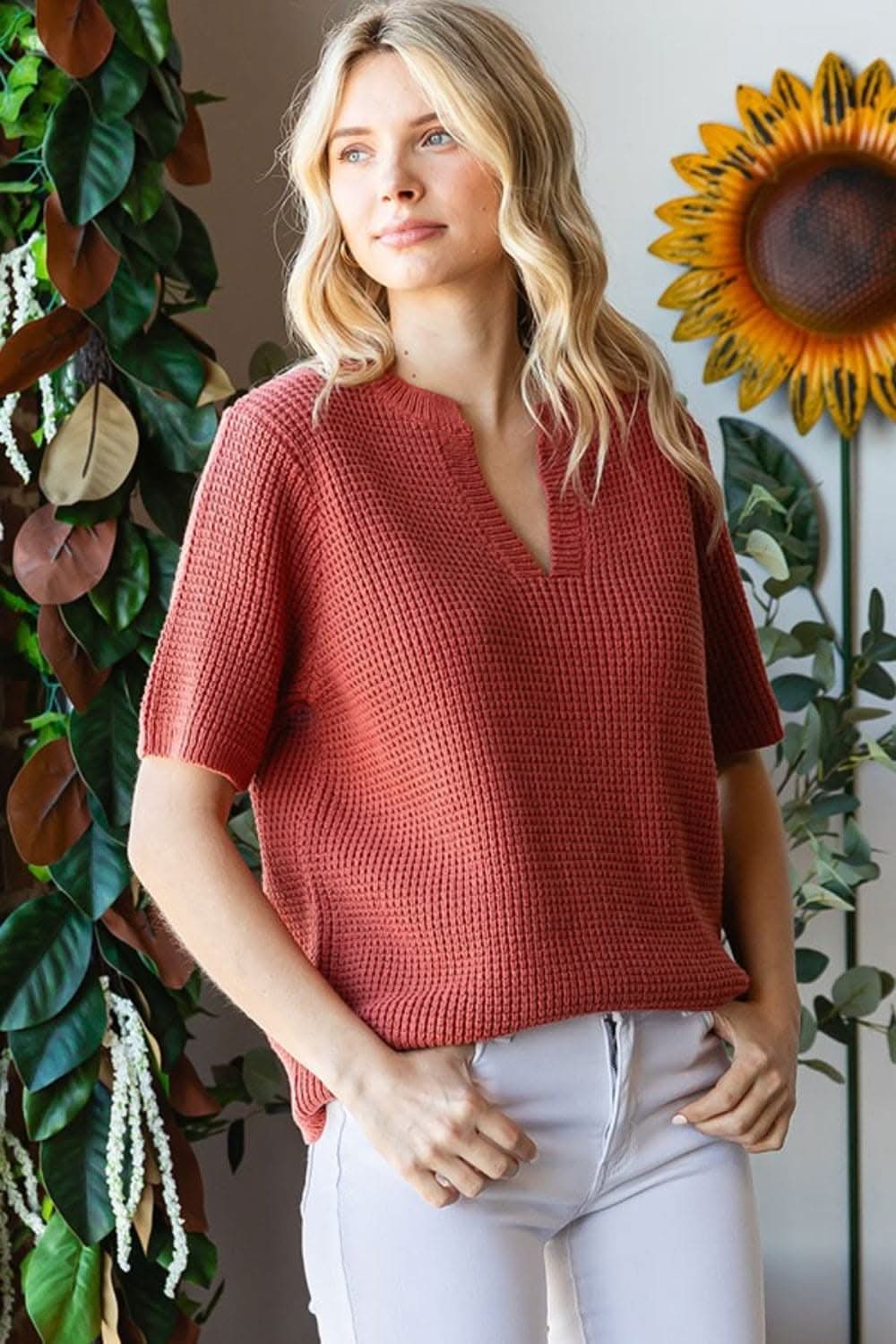 First Love Notched Short Sleeve Knit Top - Love Salve 