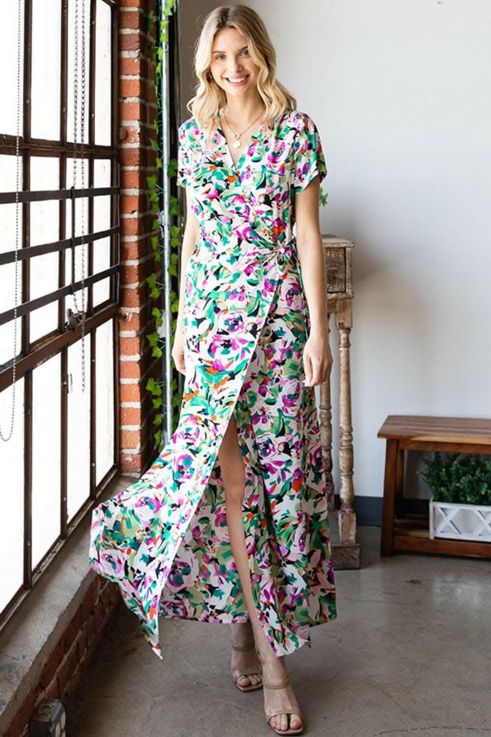 First Love Slit Printed Surplice Tie Waist Short Sleeve Dress 