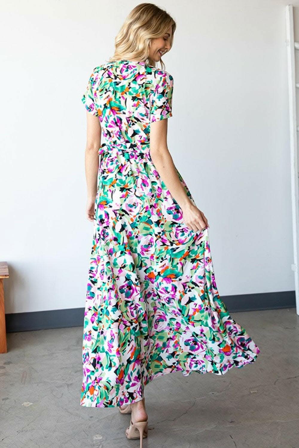 First Love Slit Printed Surplice Tie Waist Short Sleeve Dress 