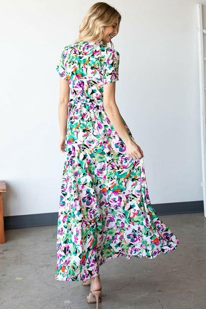 First Love Slit Printed Surplice Tie Waist Short Sleeve Dress 