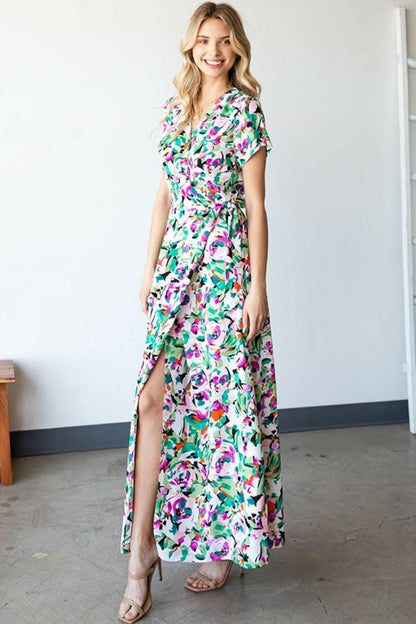 First Love Slit Printed Surplice Tie Waist Short Sleeve Dress 