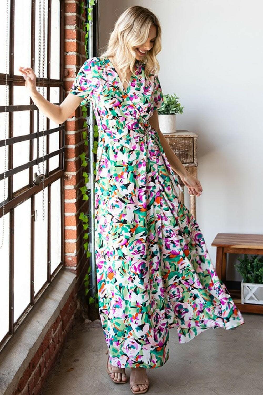 First Love Slit Printed Surplice Tie Waist Short Sleeve Dress 