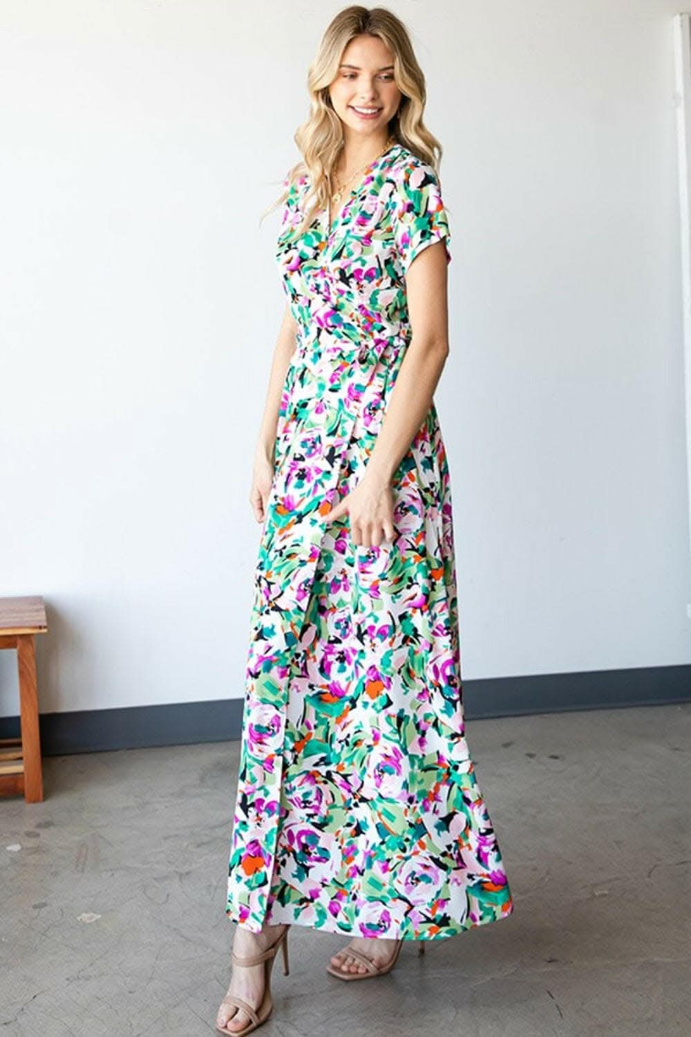 First Love Slit Printed Surplice Tie Waist Short Sleeve Dress 