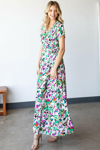 First Love Slit Printed Surplice Tie Waist Short Sleeve Dress 