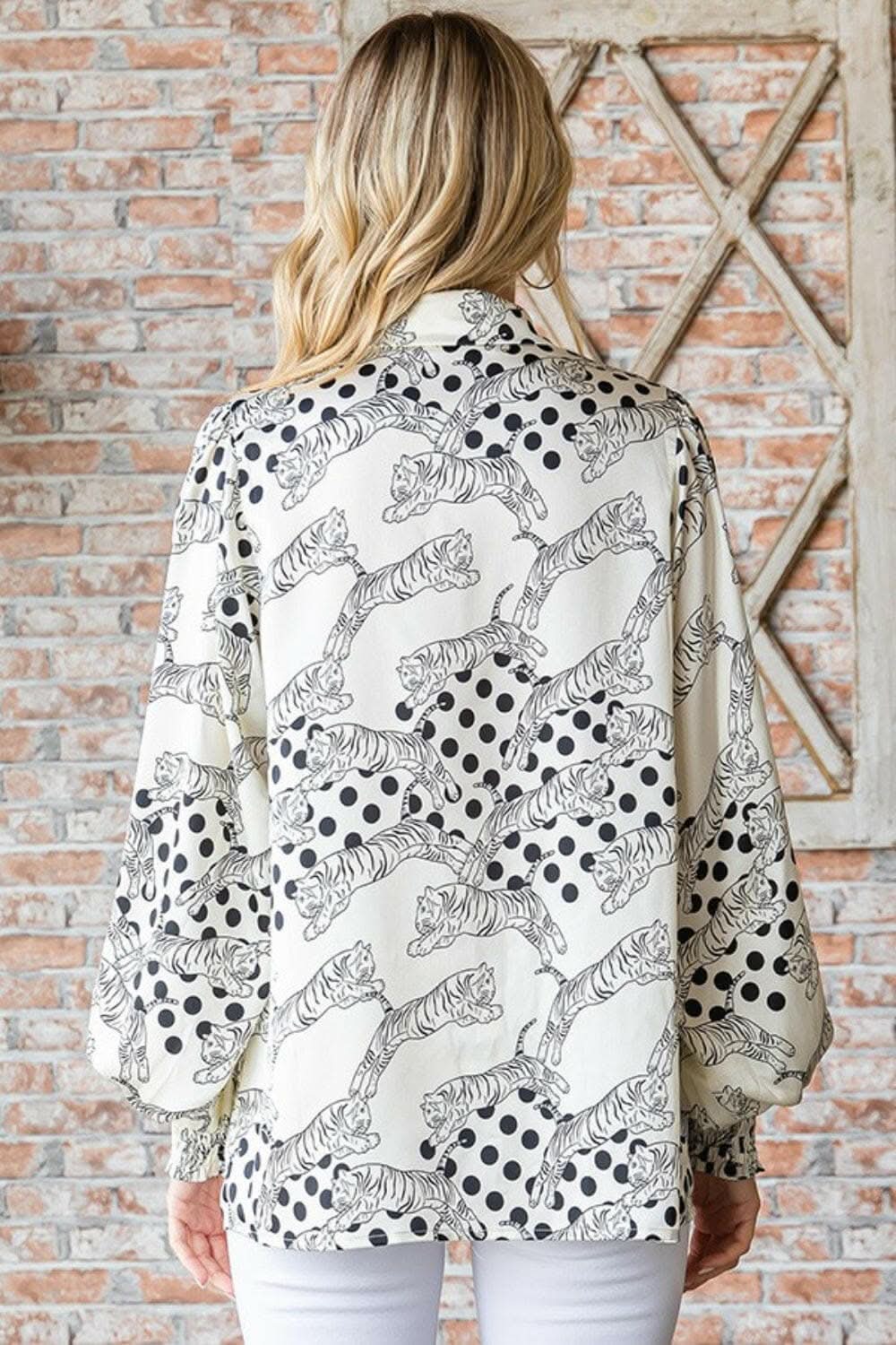 First Love Tiger Print Collared Neck Long Sleeve Satin Shirt 